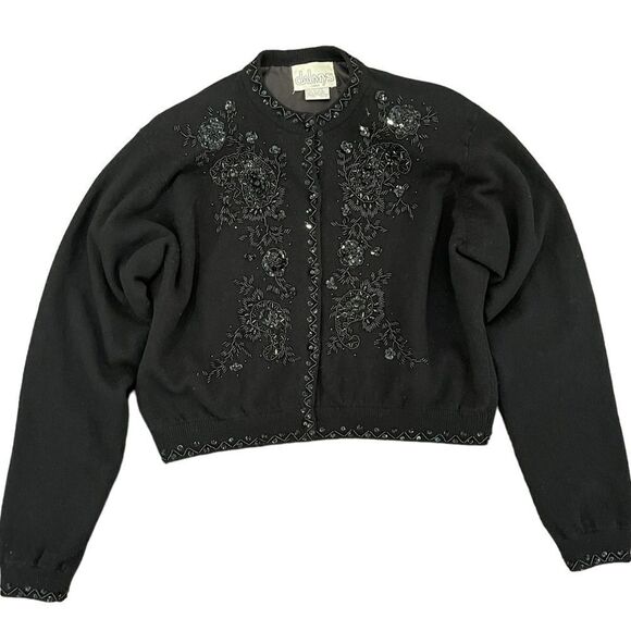 Vintage Dalmy’s Beaded Cardigan Black Wool Blend Christmas Women's M - Picture 1 of 12